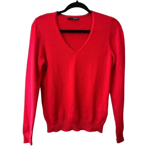 Camaieu Valentine's Cherry Red Vneck Cashmere Sweater Sm Classic Chic Minimal - Picture 2 of 9